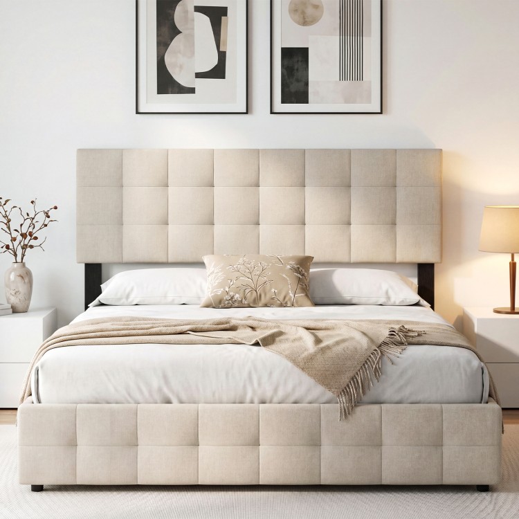 Beige upholstered headboard with quilted grid design for queen/full size bed, featuring soft cushioning and modern.