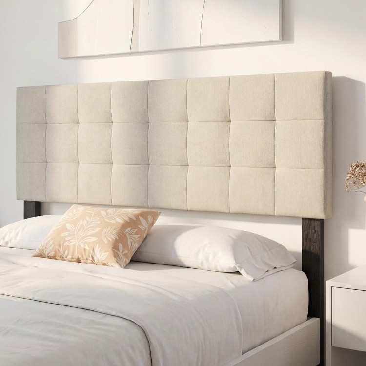 Beige upholstered headboard with quilted grid design, adjustable for queen/full size beds, featuring soft sponge.