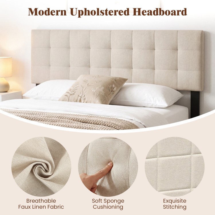 Beige upholstered headboard with quilted grid design, breathable faux linen fabric, and soft sponge cushioning for.