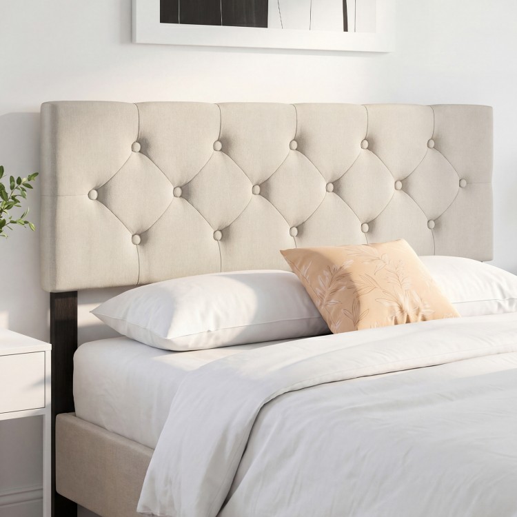 Beige tufted upholstered headboard for queen/full size bed, featuring soft cushioning and adjustable width options.