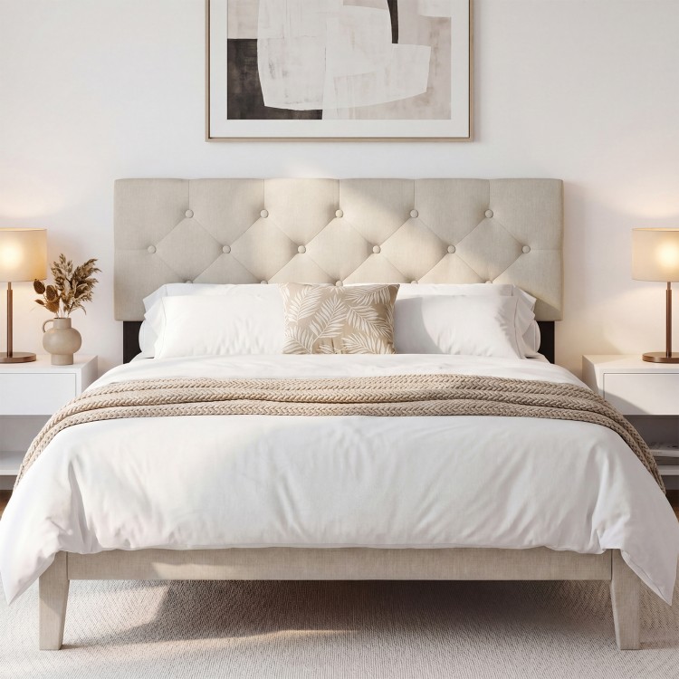 Tufted beige upholstered headboard for queen/full size bed, featuring soft cushioning and modern design for stylish.