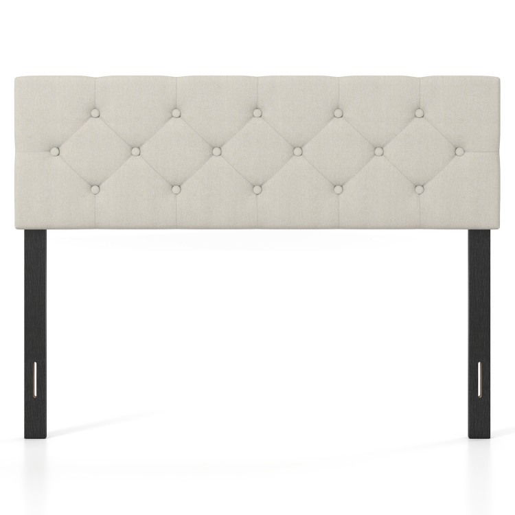 Tufted beige upholstered headboard for queen/full size bed, featuring solid plywood legs and adjustable width options.
