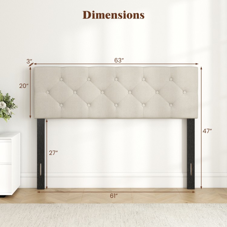Beige tufted upholstered headboard for queen/full size beds, featuring solid plywood legs and adjustable width options.