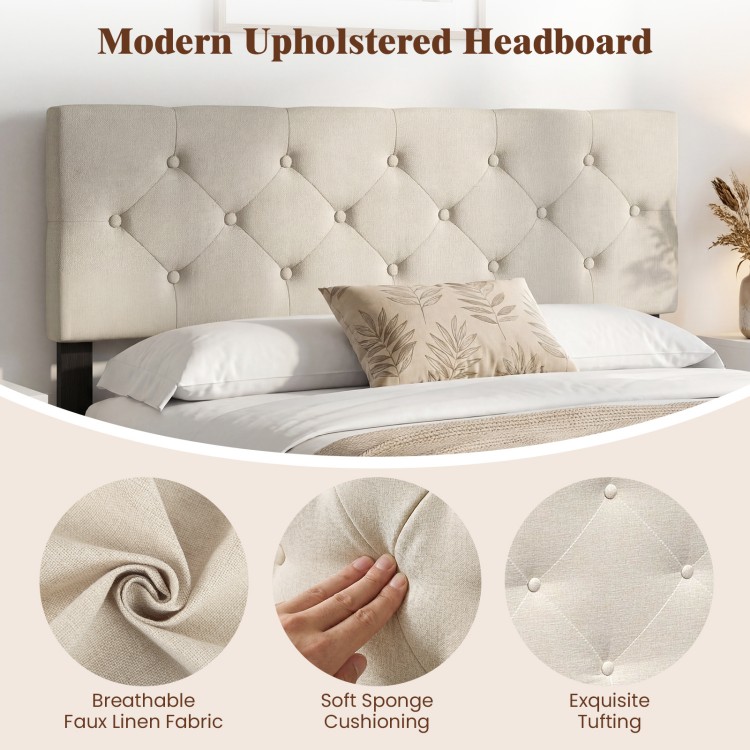 Modern tufted upholstered headboard in beige faux linen fabric with soft sponge cushioning for queen/full size beds.