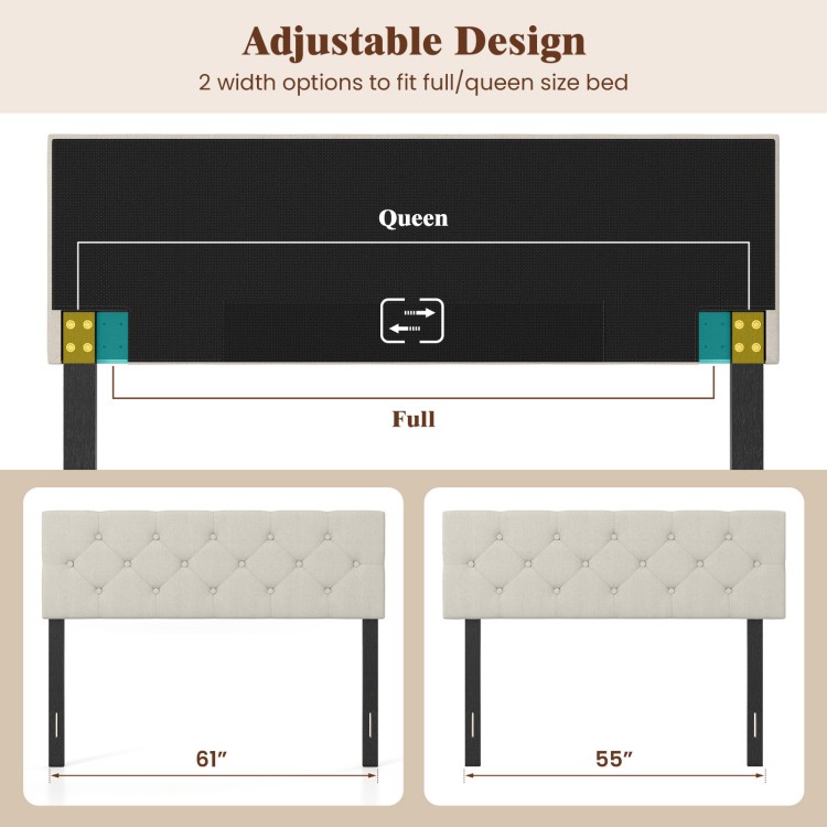 Adjustable tufted linen fabric headboard for full/queen size bed, featuring two width options and solid plywood legs.