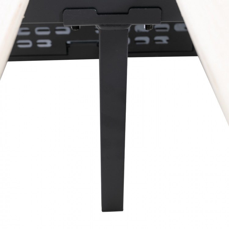 Close-up of the metal support leg of the upholstered LED bed frame with adjustable height and sturdy design for.