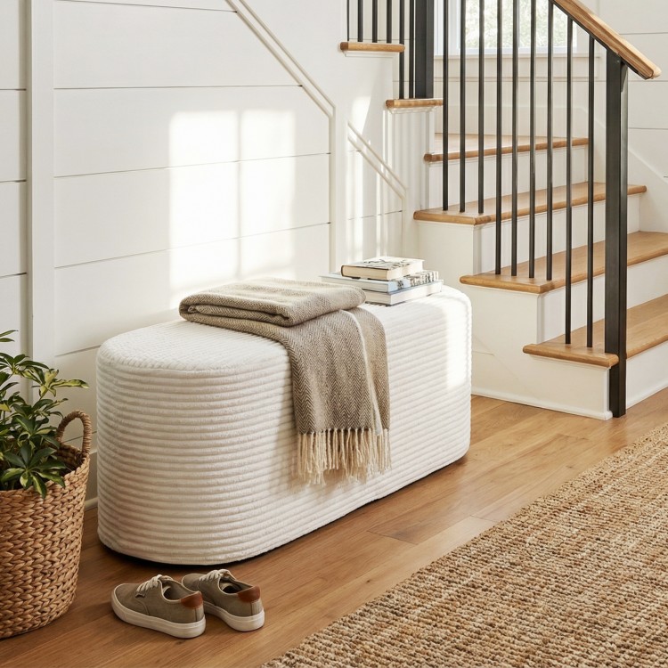 Upholstered oval ottoman bench in beige with corduroy surface, high-density sponge filling, perfect for entryway or.