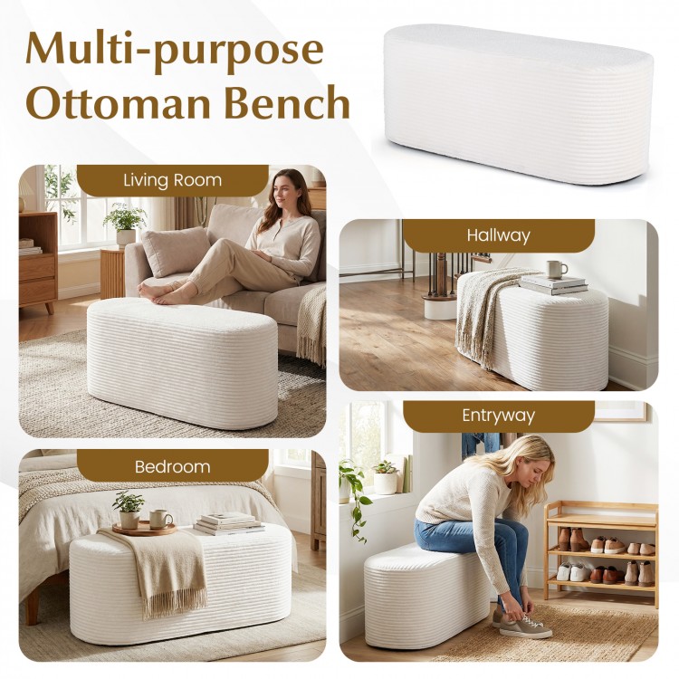 Upholstered ottoman bench in beige with corduroy surface, ideal for living room, hallway, or bedroom use.