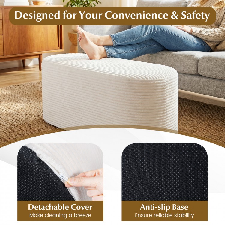 Upholstered beige ottoman bench with detachable cover and anti-slip base, perfect for living room or entryway use.