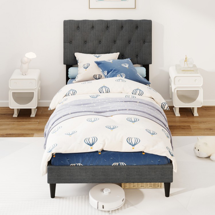 Twin size upholstered platform bed with tufted gray headboard and wooden slats, featuring a stylish design for modern.