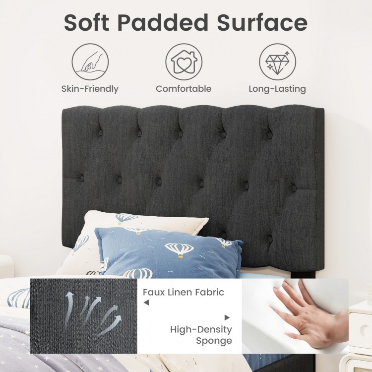 Tufted headboard of the gray upholstered platform bed, featuring faux linen fabric and high-density sponge for comfort.