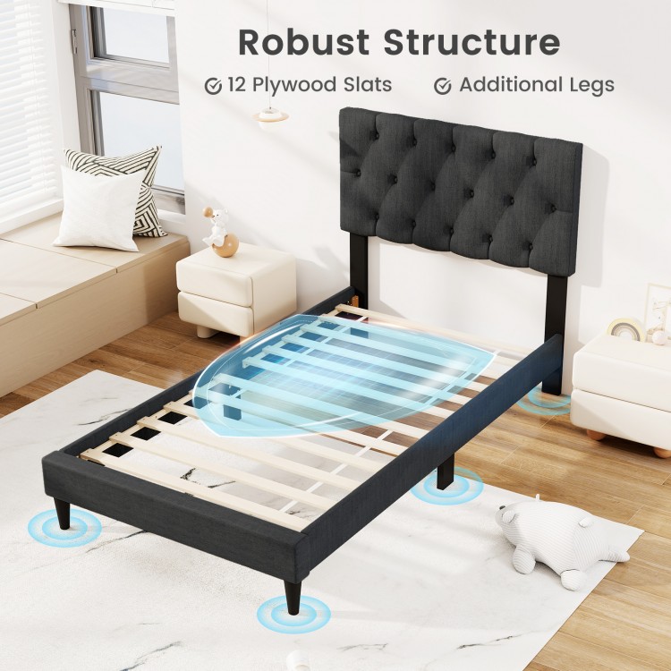 Upholstered platform bed in gray with tufted headboard, featuring 12 plywood slats and additional legs for support.