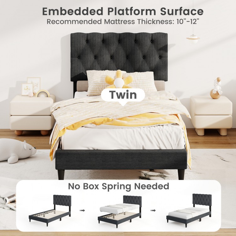 Gray upholstered twin platform bed with tufted headboard, wooden slats, and no box spring needed for easy setup.