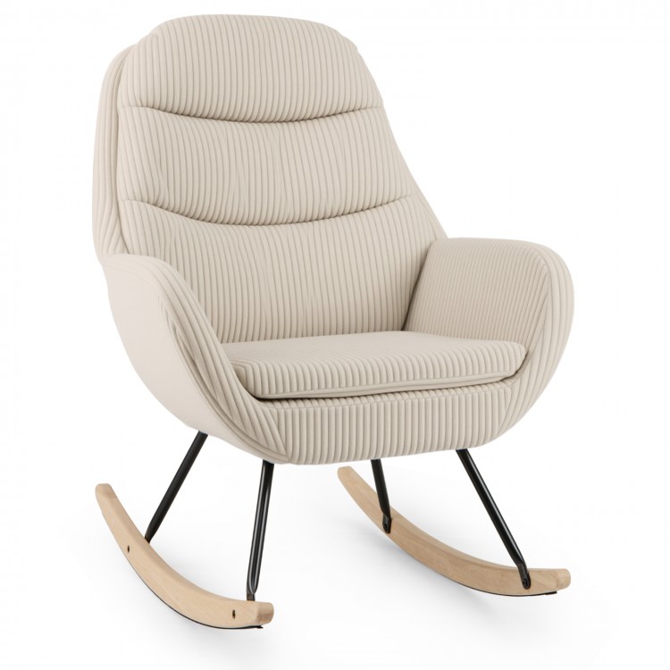 Beige upholstered rocking chair with padded backrest and seat, ideal for nurseries and cozy living spaces.