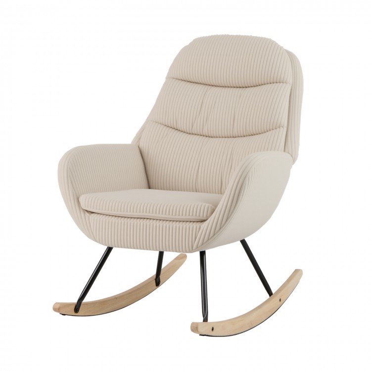 Beige upholstered rocking chair with corduroy fabric and rubber wood feet, designed for comfort in living rooms and.