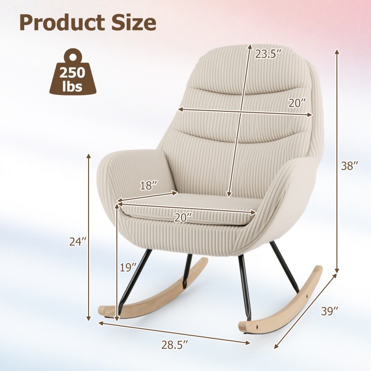 Beige upholstered rocking chair with padded backrest and seat, measuring 38" high, suitable for nurseries and living.