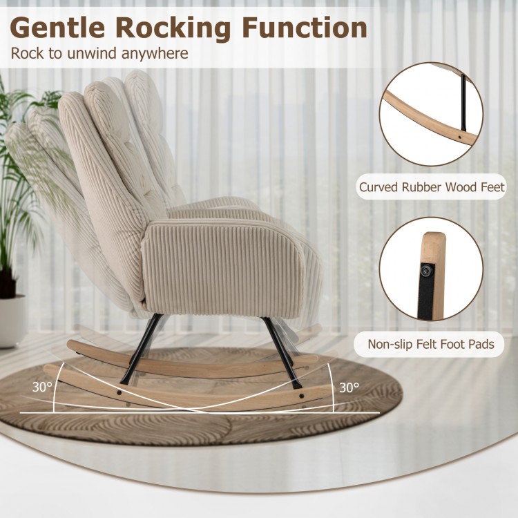 Upholstered rocking chair in beige with curved rubber wood feet, padded backrest, and ergonomic design for nursery use.