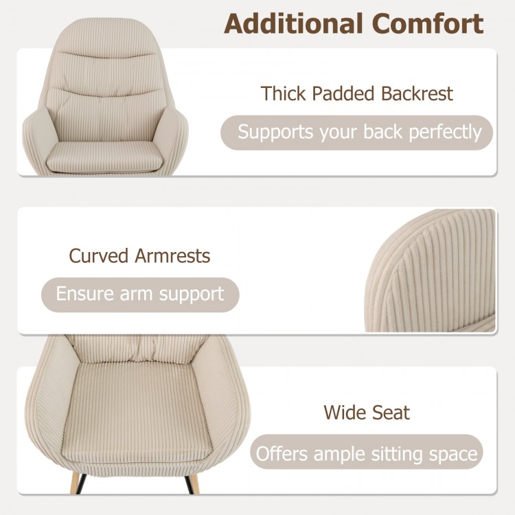Close-up of the beige upholstered rocking chair's curved armrests and thick padded backrest, offering ergonomic support.