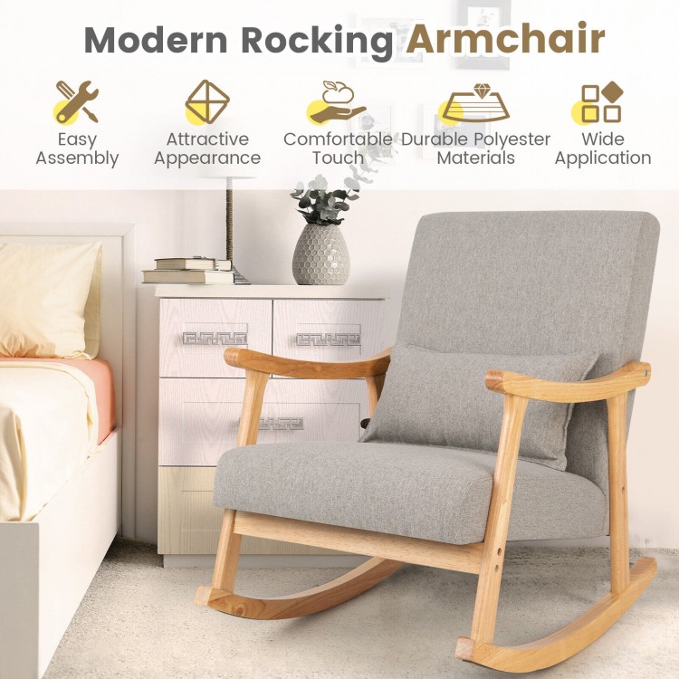 Modern upholstered rocking chair in gray with rubber wood frame, ideal for living rooms and bedrooms for relaxation.