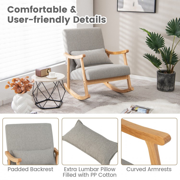 Upholstered rocking chair in gray with padded backrest, lumbar pillow, and solid rubber wood frame for versatile.