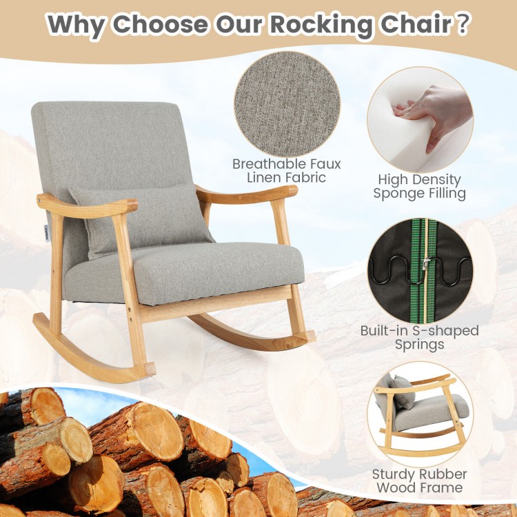 Upholstered rocking chair in gray with rubber wood frame, ergonomic design, and lumbar pillow for ultimate comfort.