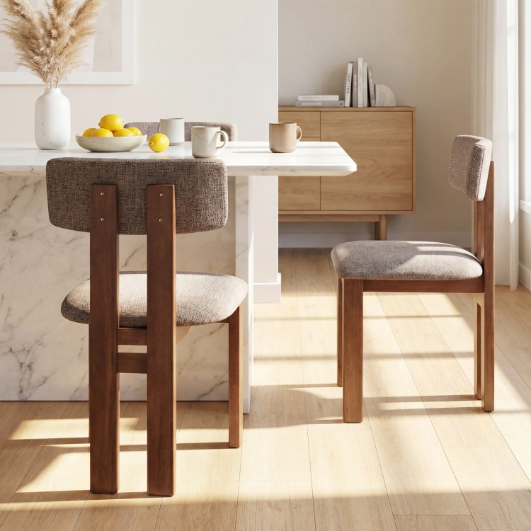 Upholstered rubber wood dining chair set with curved backrest in walnut finish, ideal for stylish dining spaces.