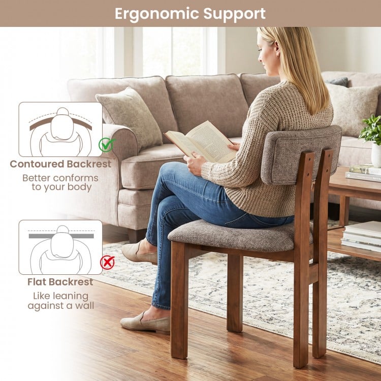 Upholstered dining chair with contoured backrest in walnut, showcasing ergonomic support for comfortable seating.