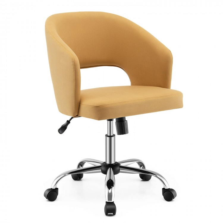 Upholstered swivel office chair in mustard with ergonomic backrest and adjustable height for home or office use.