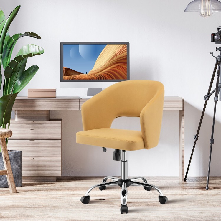 Upholstered swivel office chair in yellow with ergonomic backrest and armrests, perfect for modern office or study use.