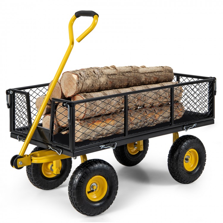 Utility garden wagon with logs loaded, featuring removable side panels and a 900/1200 lbs capacity for versatile.