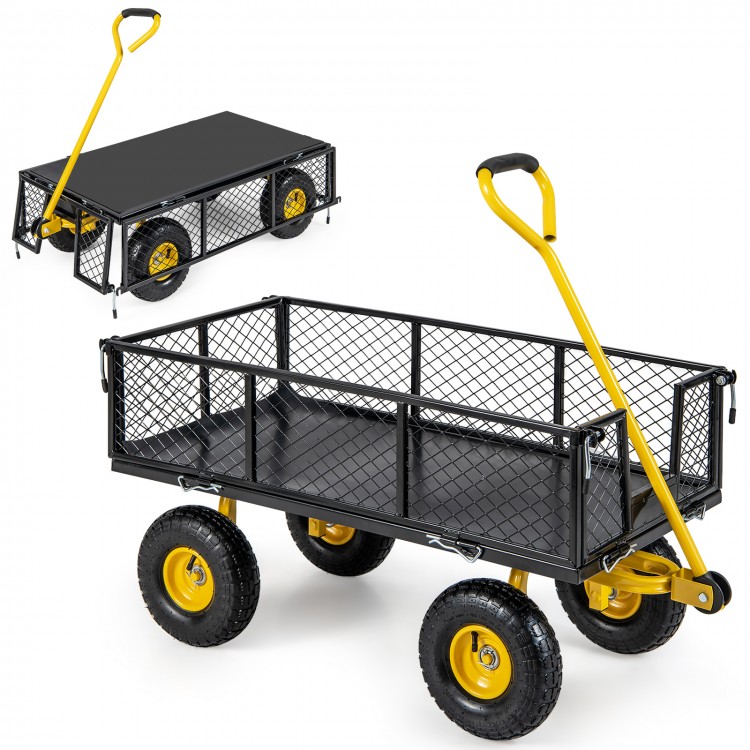Utility garden wagon with removable side panels, 900/1200 lbs capacity, and adjustable handle for easy maneuvering.