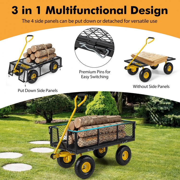 Utility garden wagon with removable side panels, 900/1200 lbs capacity, ideal for transporting logs and heavy items.