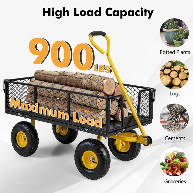 Utility garden wagon with removable sides, 900 lbs capacity, and 10"/13" tires for transporting logs and groceries.