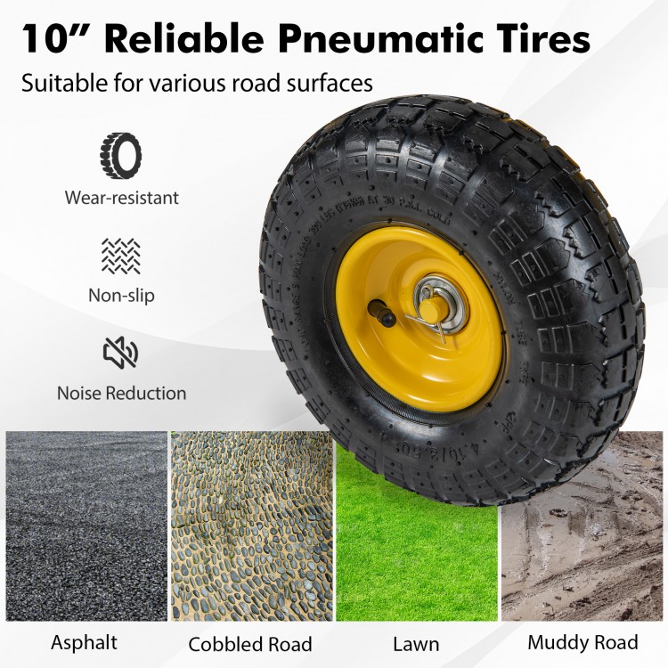 10" reliable pneumatic tire with wear-resistant tread, suitable for various terrains like lawn and muddy road.