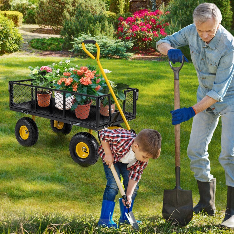 Utility garden wagon with removable side panels, loaded with potted plants, ideal for transporting heavy items.