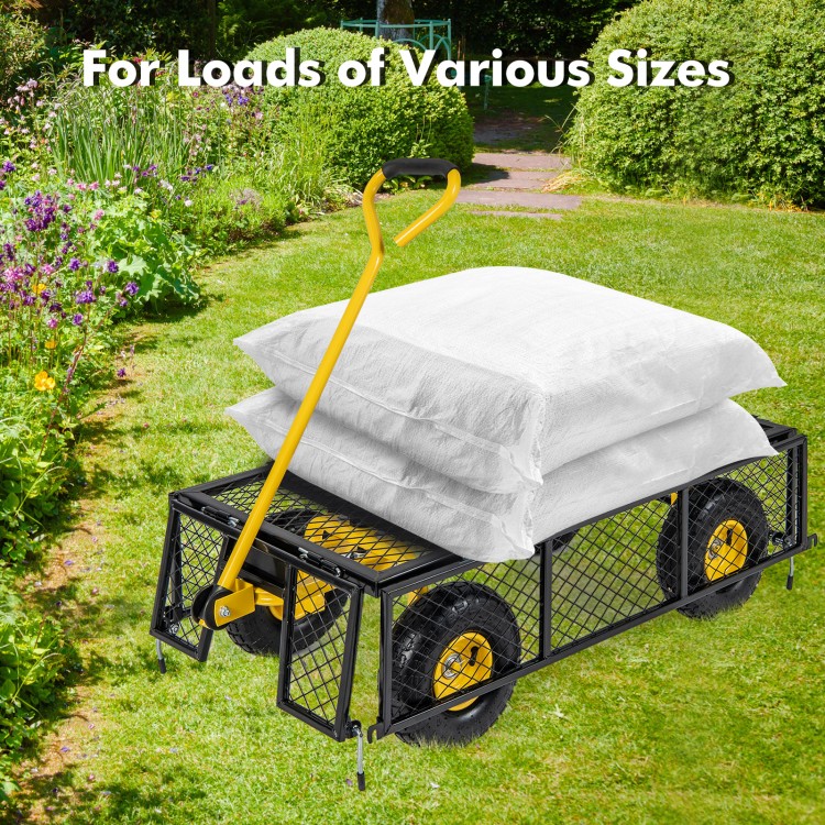 Utility garden wagon with removable side panels, loaded with bags, ideal for transporting heavy items in the garden.