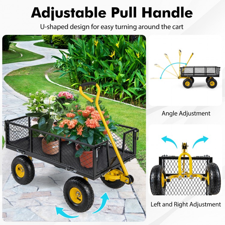 Utility garden wagon with adjustable U-shaped pull handle, removable side panels, and 900/1200 lbs load capacity for.