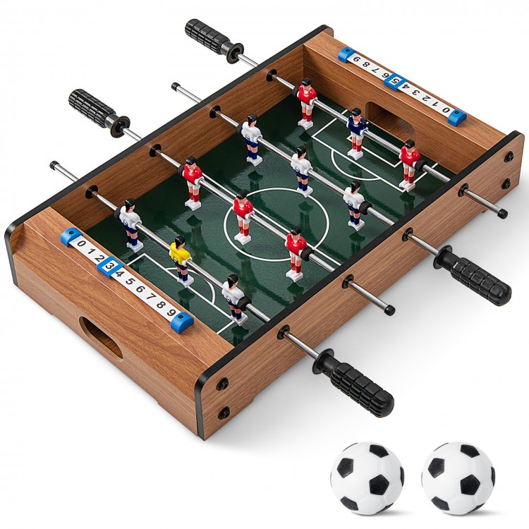 Mini foosball table with 4 steel rods, 12 players, and 2 soccer balls for home, office, or party fun.