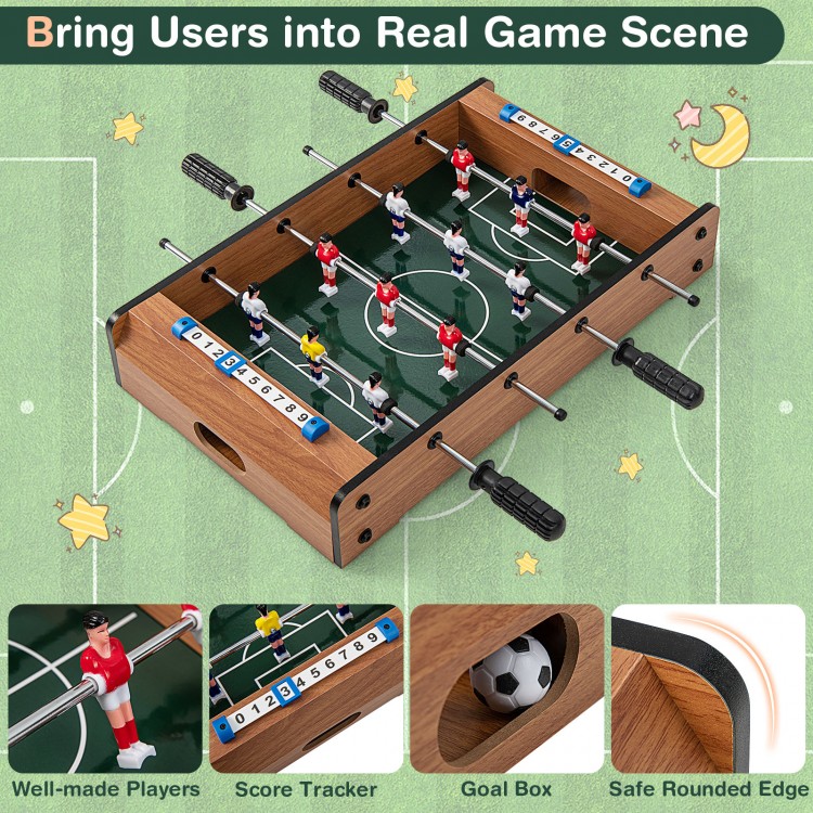Mini foosball table with 12 players, 4 steel rods, and score trackers for intense tabletop soccer fun at home or.