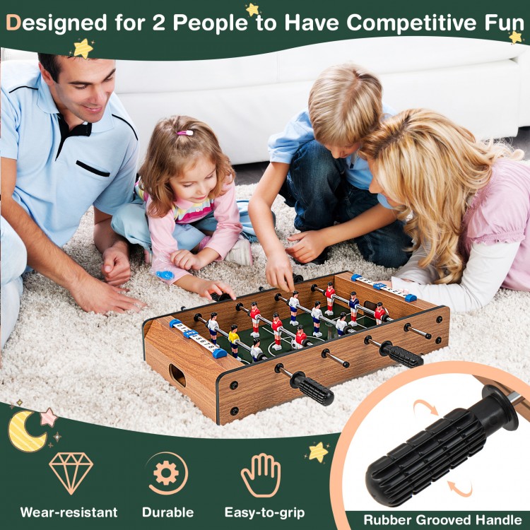 Mini foosball table for 2 players with textured grips, 4 steel rods, and 12 keepers for competitive fun at home or.