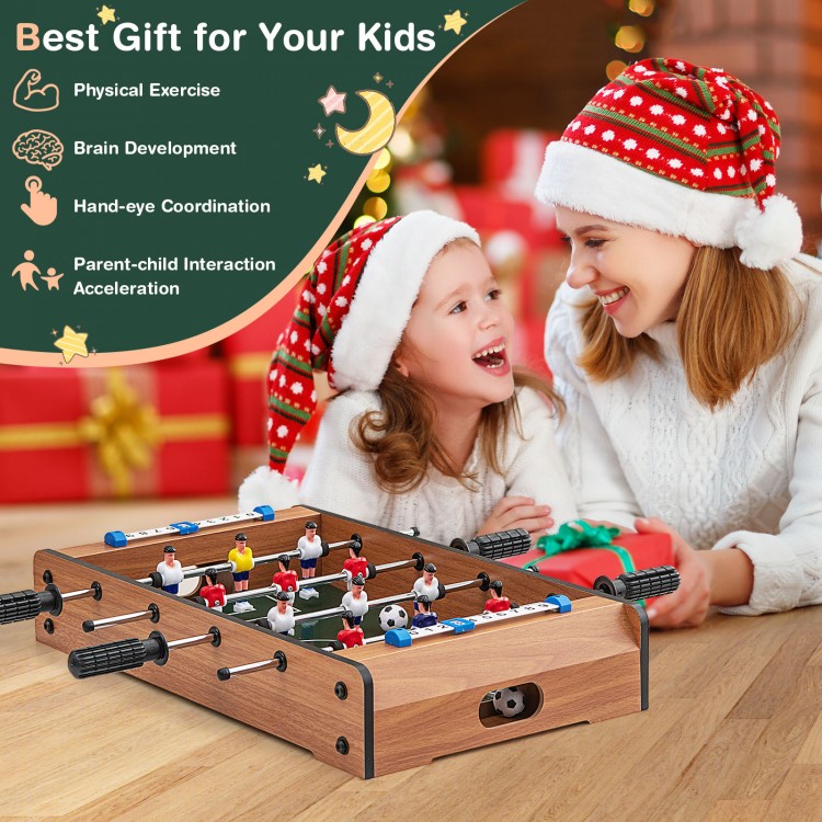 Mini 20-inch foosball table with 4 steel rods and textured grips, perfect for family game nights and parties.