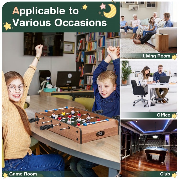 Mini foosball table with 4 steel rods and textured hand grips, perfect for family game nights and parties.
