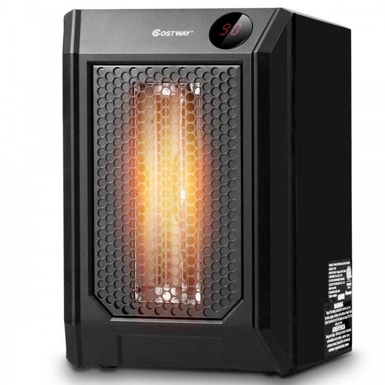 Compact electric quartz space heater with remote control, featuring 4 heating elements and integrated carry handle for.