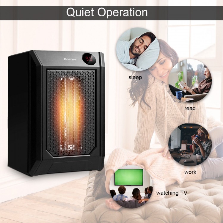 Portable electric quartz space heater with remote control, featuring quiet operation and compact design for easy.