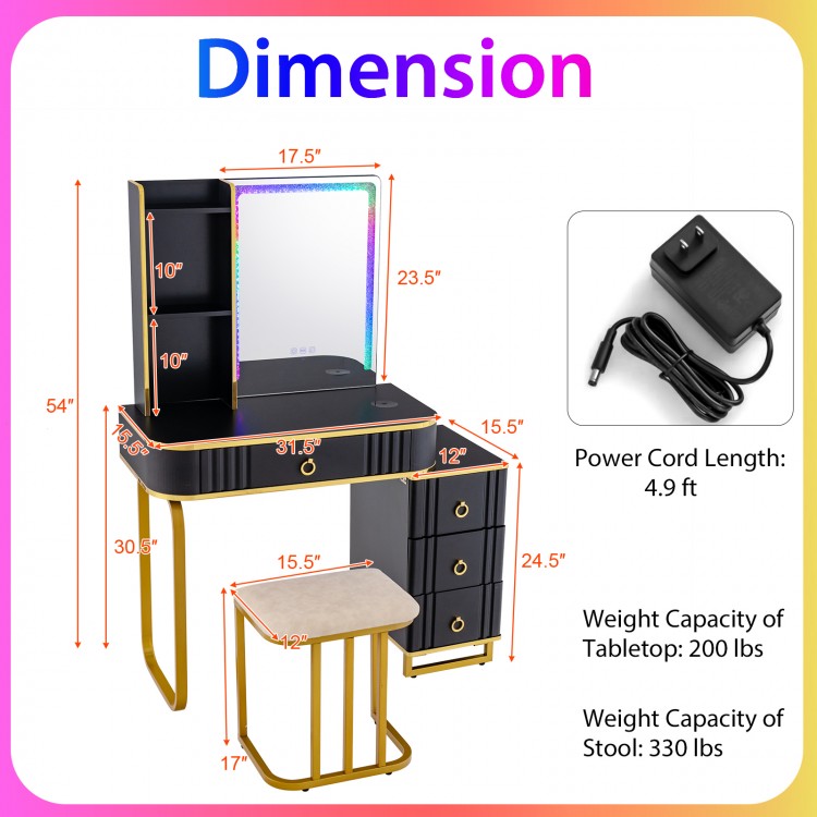 Vanity table set in black with RGB LED lights, wireless charging station, and cushioned stool for stylish makeup.