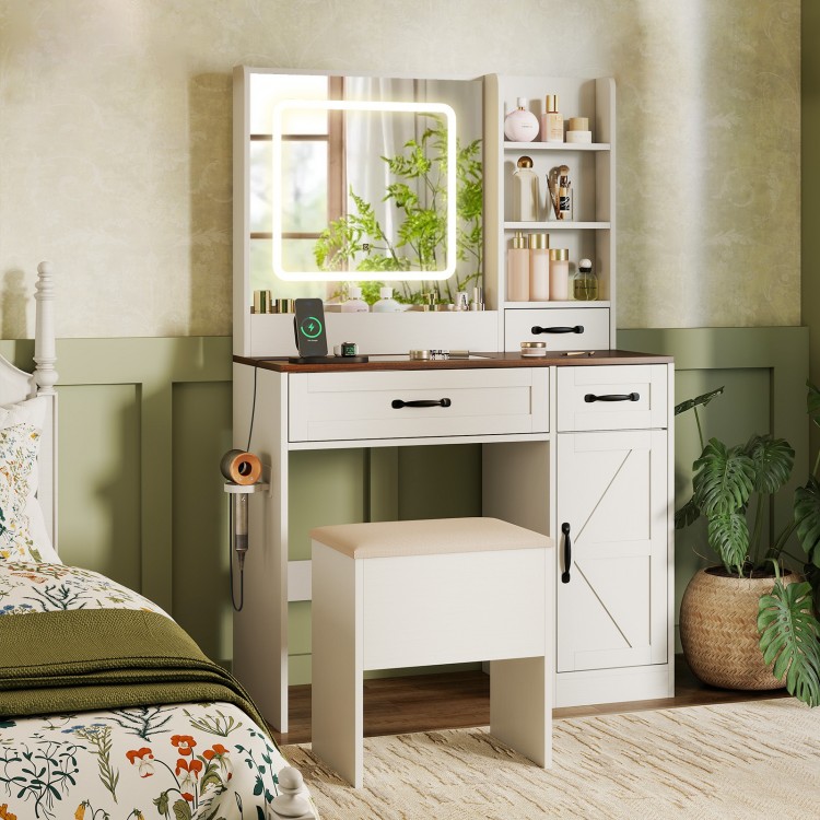 Vanity desk with lighted mirror and storage, featuring a white finish and a matching stool for stylish makeup.