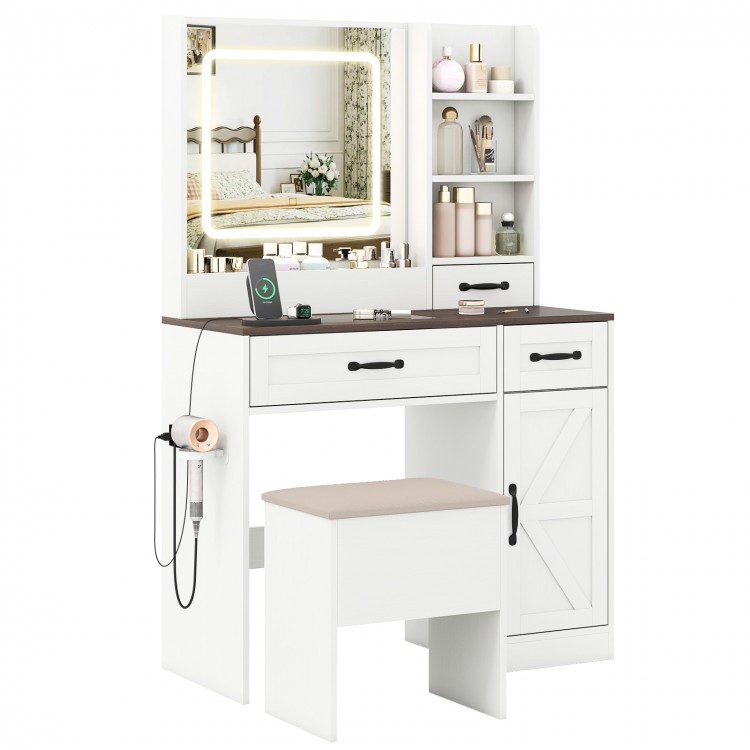 Vanity desk with lighted mirror, white finish, ample storage, and included stool for stylish makeup organization.