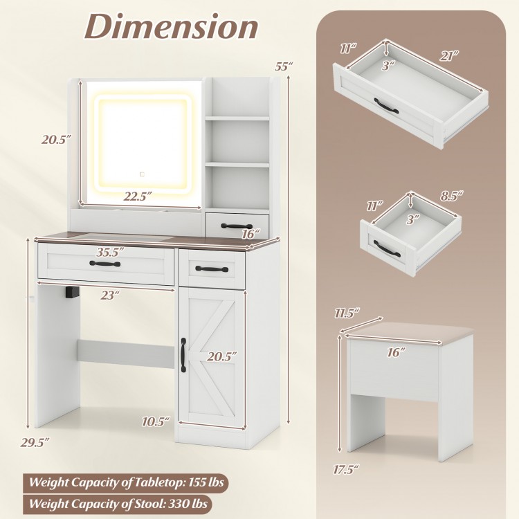 Vanity desk dimensions with lighted mirror, drawers, and shelves in white, designed for makeup and storage convenience.