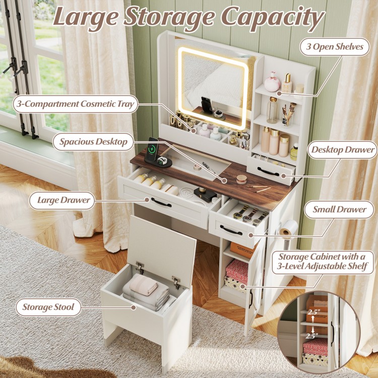 Vanity desk with mirror and lights, featuring ample storage, a charging station, and a stylish white finish for makeup.