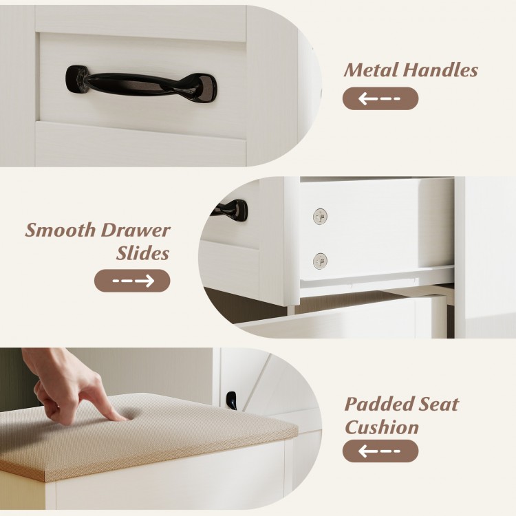 Close-up of padded seat cushion and metal handles on the white farmhouse vanity desk with smooth drawer slides.